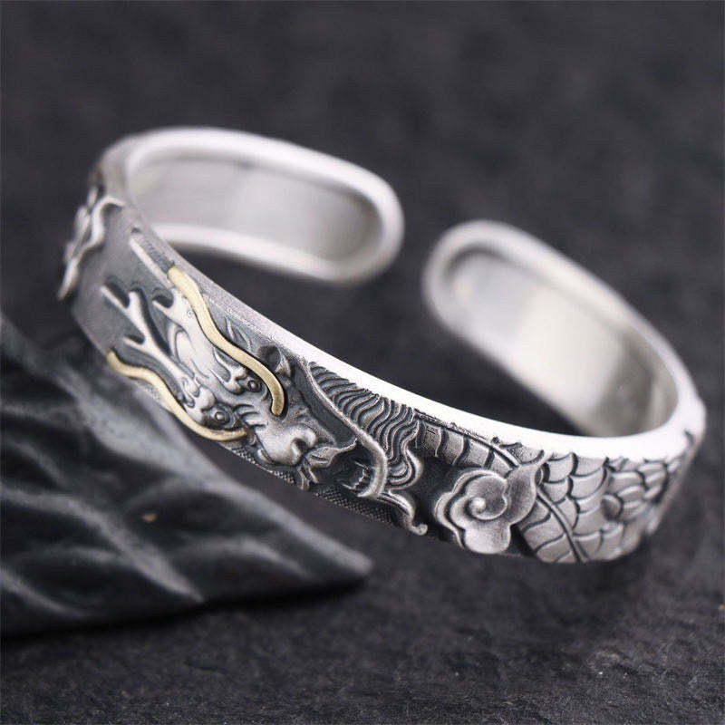 Oriental Buddha 999 Sterling Silver Dragon Strength Protection Bracelet Bangle