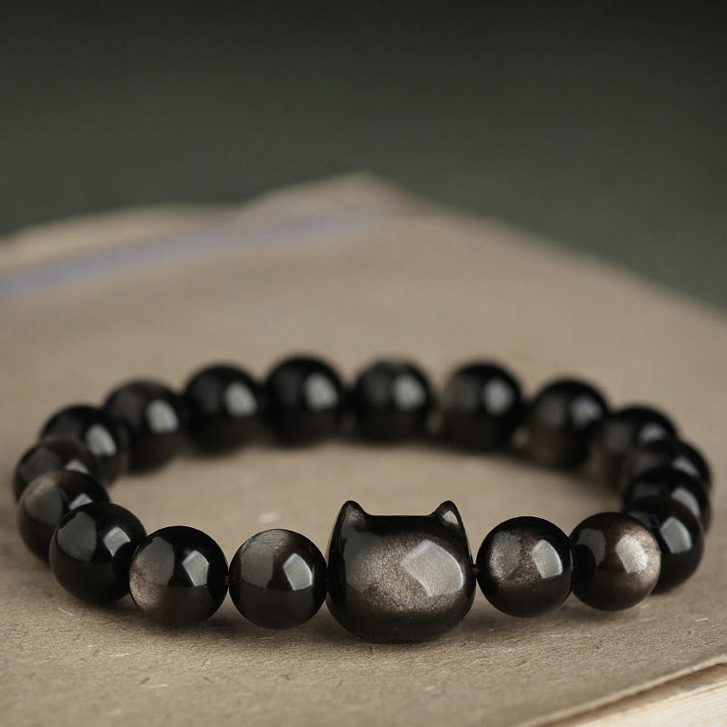 Oriental Buddha Gold Sheen Obsidian Silver Sheen Obsidian Lovely Paw Lucky Cat Protection Bracelet