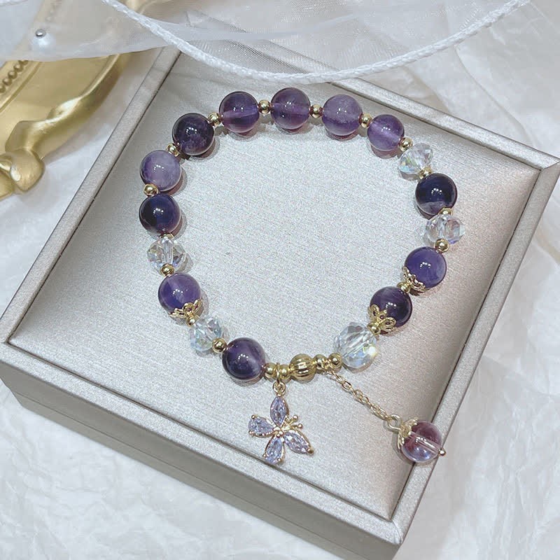 Oriental Buddha Natural Amethyst Crystal Spiritual Butterfly Charm Bracelet
