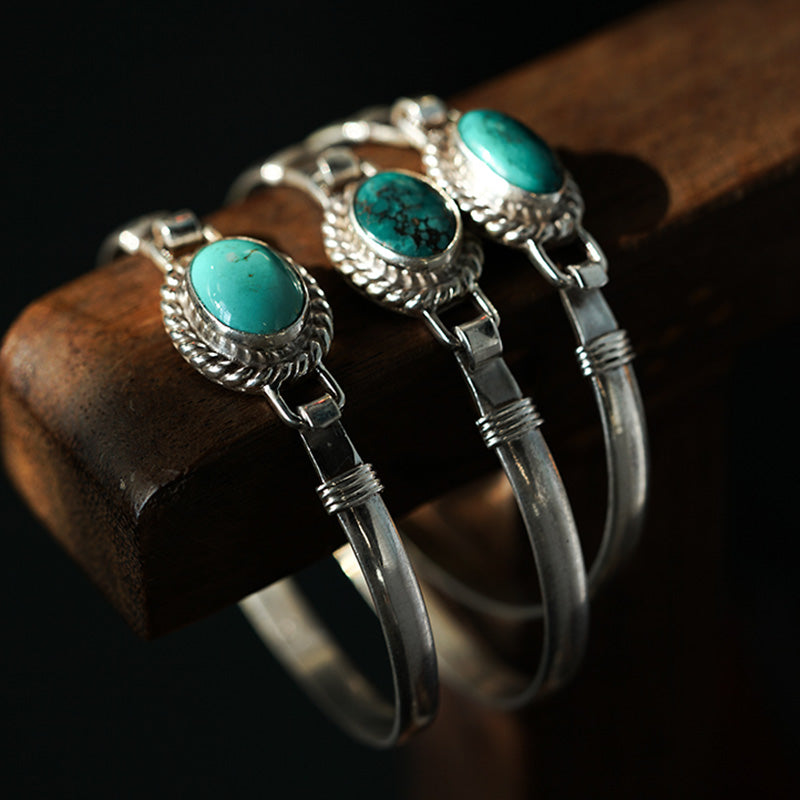Oriental Buddha 925 Sterling Silver Turquoise Balance Protection Handmade Nepal Bracelet Bangle