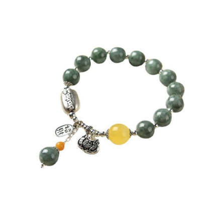 Oriental Buddha 925 Sterling Silver Cyan Jade Amber Success Bracelet