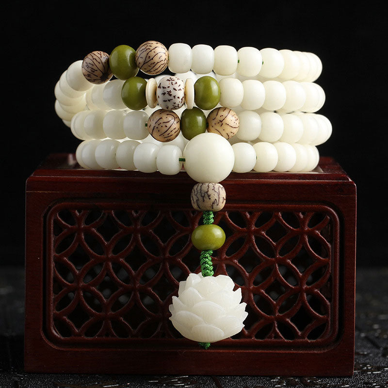 Oriental Buddha White Jade Bodhi Lotus Mala Harmony Necklace Bracelet