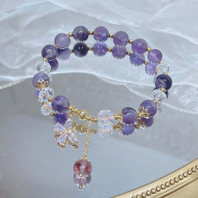 Oriental Buddha Natural Amethyst Crystal Spiritual Butterfly Charm Bracelet