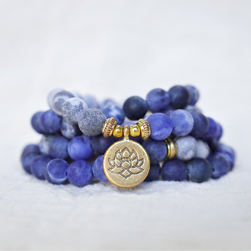 Oriental Buddha 108 Natural Picasso Jasper & Blue Stone Mala Bead Lotus Pendant Bracelet