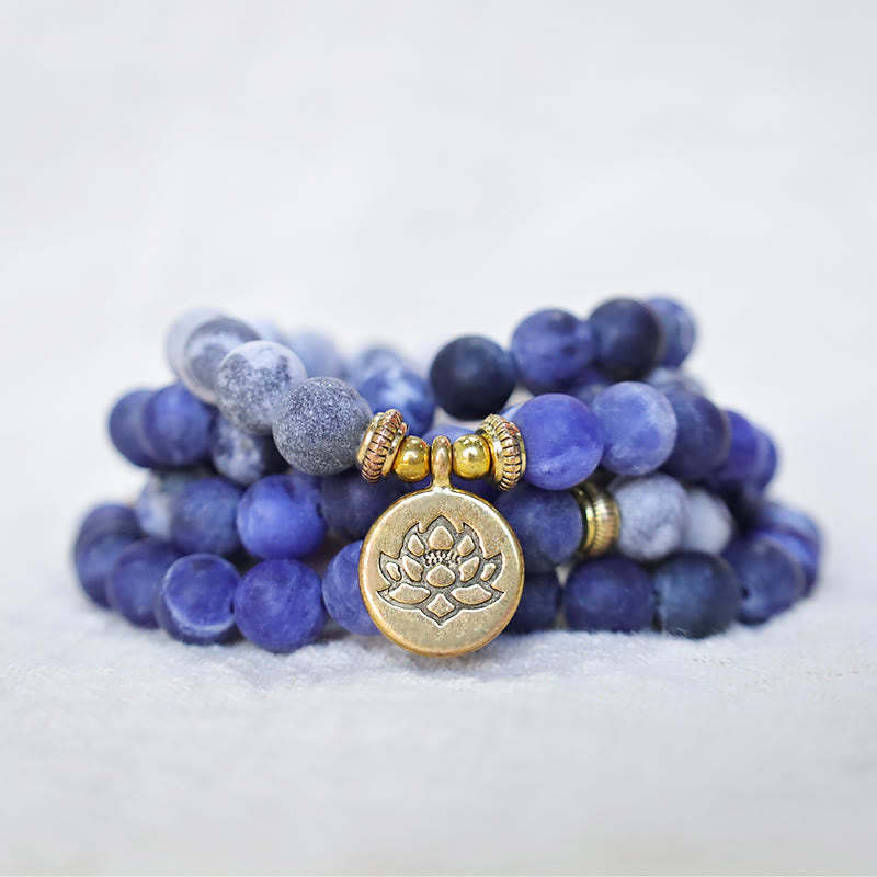 Oriental Buddha 108 Natural Picasso Jasper & Blue Stone Mala Bead Lotus Pendant Bracelet