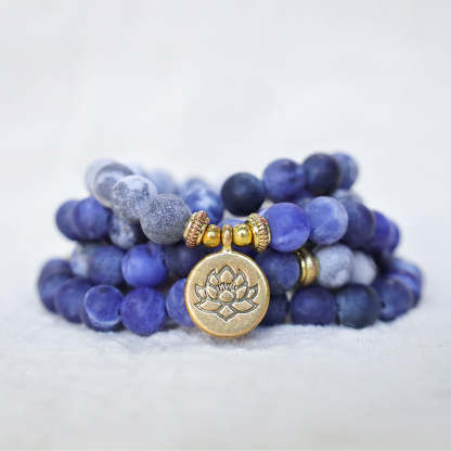 Oriental Buddha 108 Natural Picasso Jasper & Blue Stone Mala Bead Lotus Pendant Bracelet