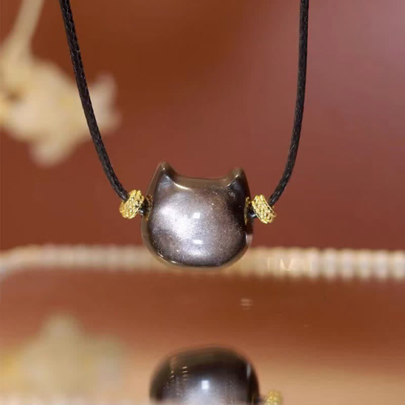 Oriental Buddha Gold Sheen Obsidian Silver Sheen Obsidian Lovely Paw Lucky Cat Protection Bracelet