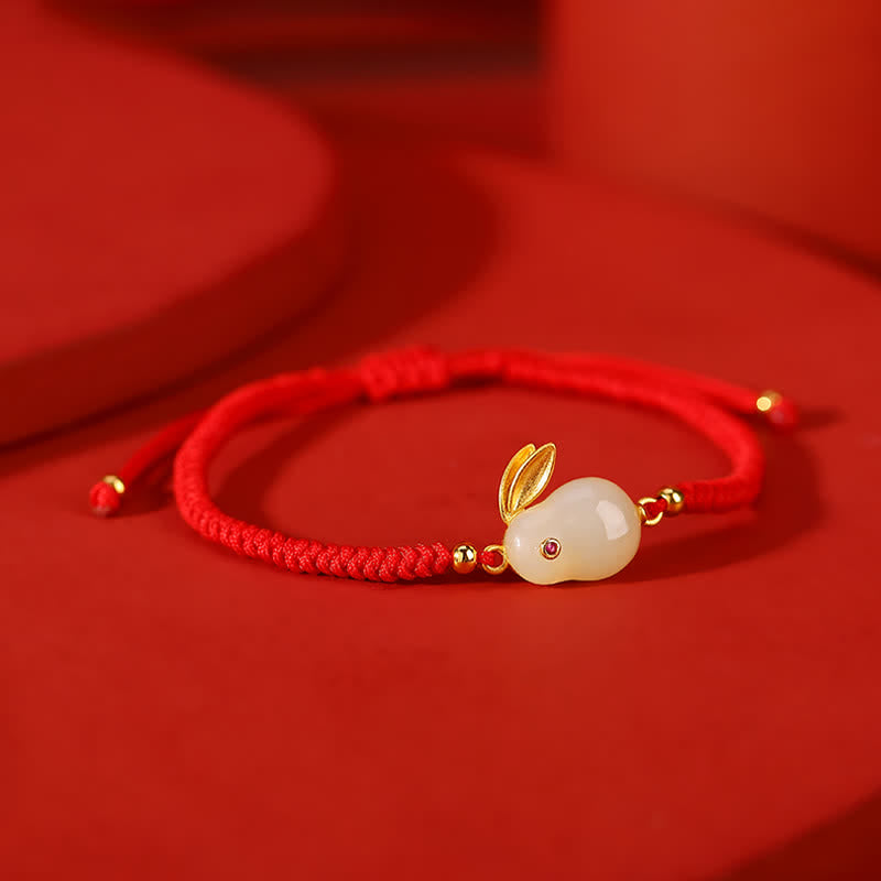 Oriental Buddha 925 Sterling Silver Year of the Rabbit Hetian White Jade Luck Red String Protection Bracelet