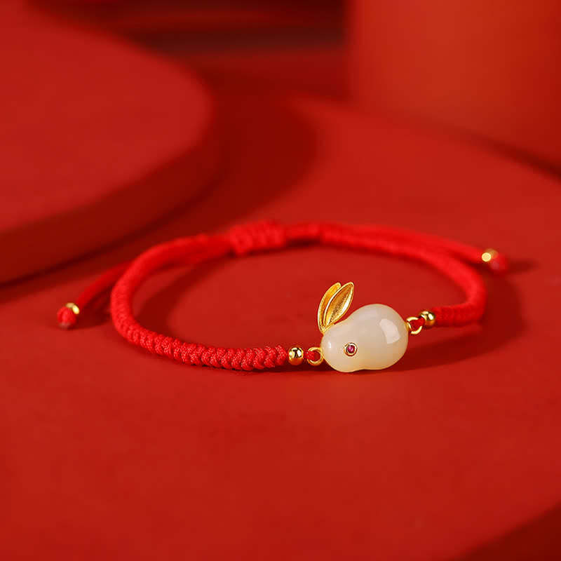Oriental Buddha 925 Sterling Silver Year of the Rabbit Hetian White Jade Luck Red String Protection Bracelet