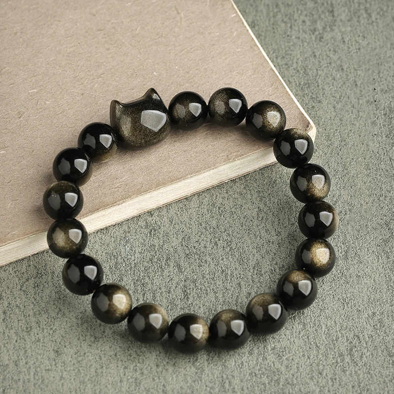 Oriental Buddha Gold Sheen Obsidian Silver Sheen Obsidian Lovely Paw Lucky Cat Protection Bracelet