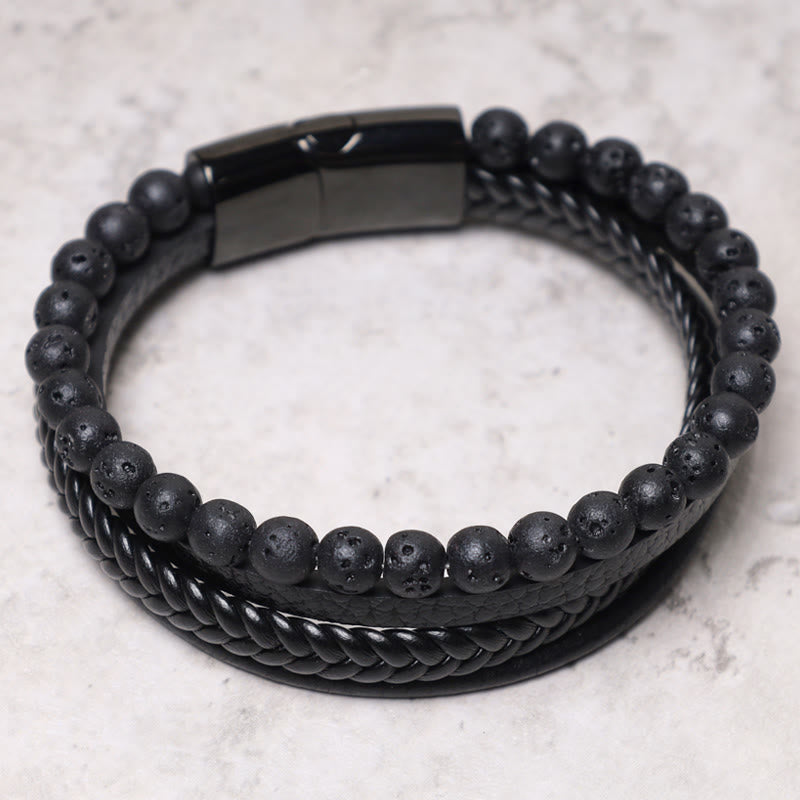 Oriental Buddha Natural Lava Rock Black Onyx Bead Leather Bracelet