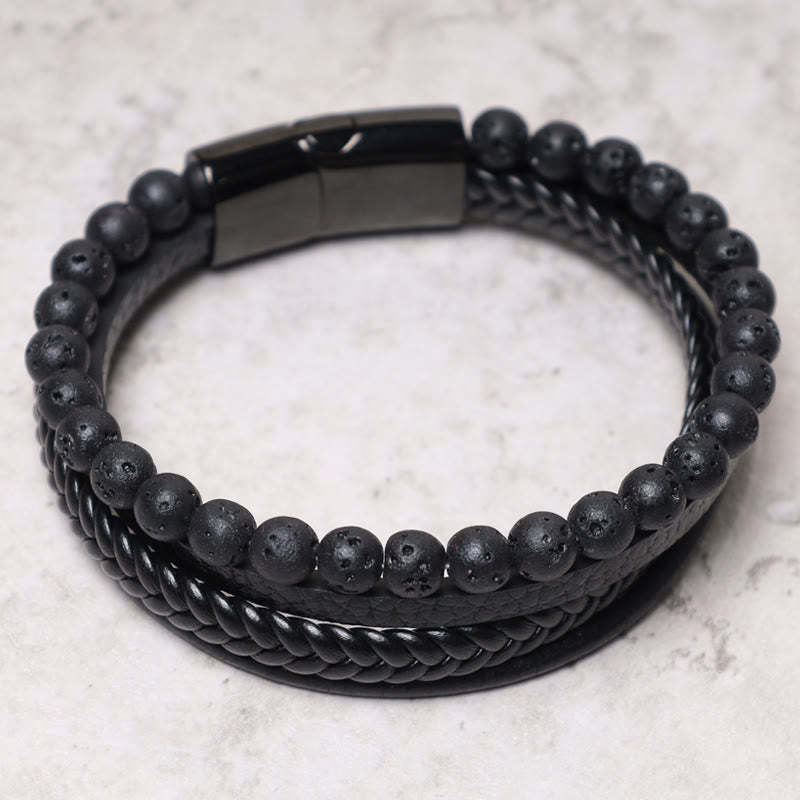 Oriental Buddha Natural Lava Rock Black Onyx Bead Leather Bracelet