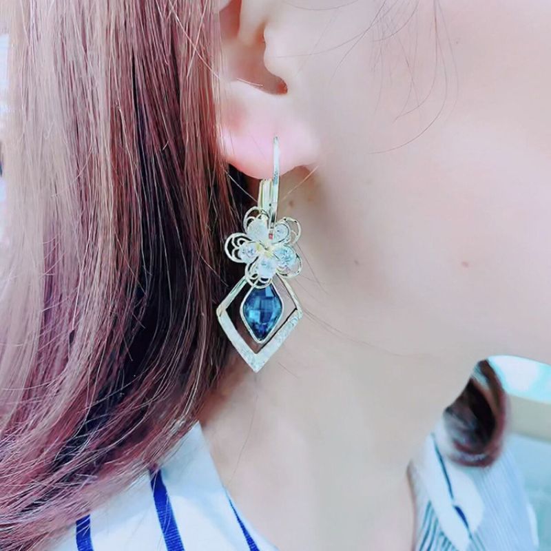 Flower Zircon Rhombic Sapphire Drop Earrings-Jolura
