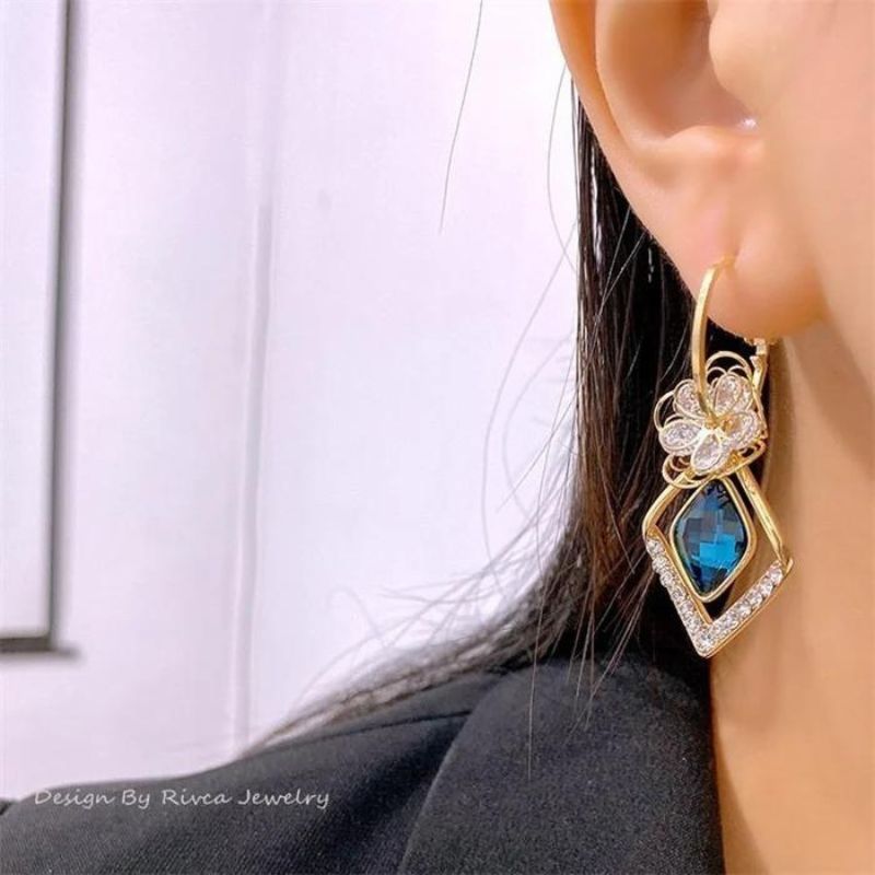 Flower Zircon Rhombic Sapphire Drop Earrings-Jolura