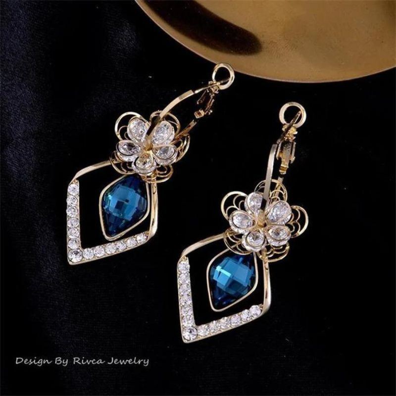 Flower Zircon Rhombic Sapphire Drop Earrings-Jolura