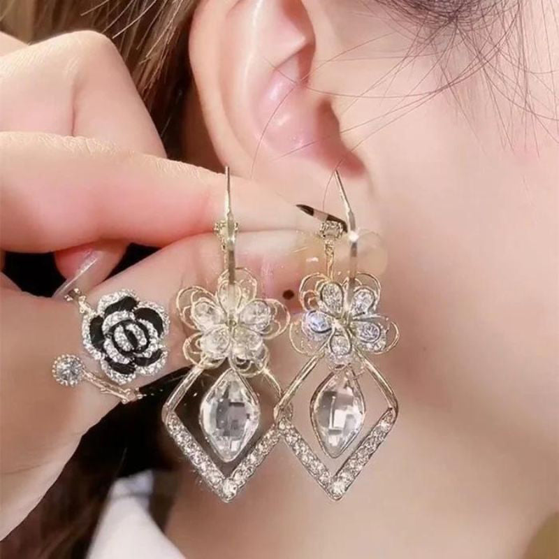 Flower Zircon Rhombic Sapphire Drop Earrings-Jolura