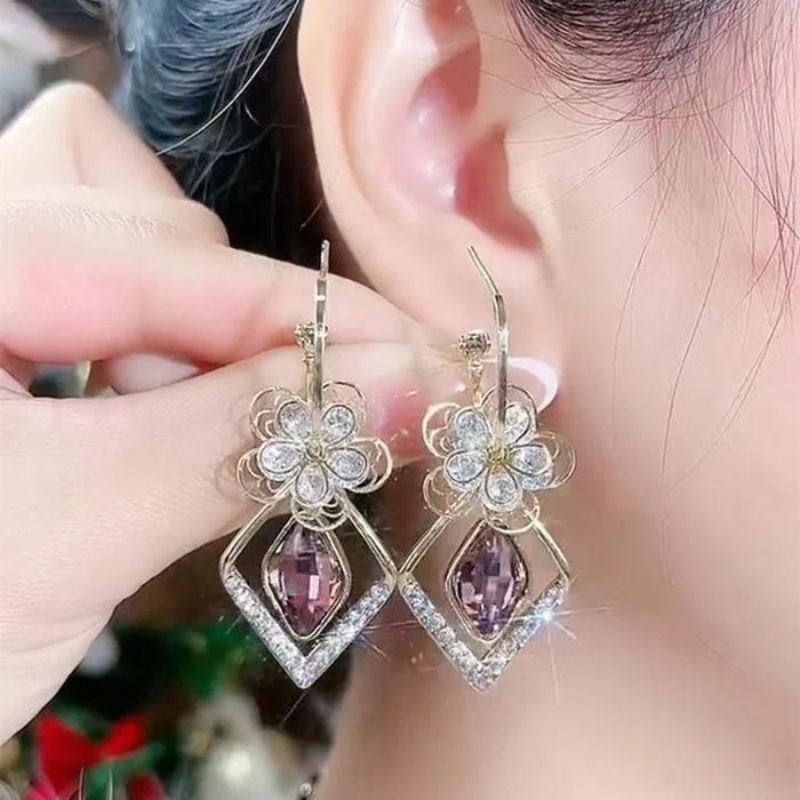 Flower Zircon Rhombic Sapphire Drop Earrings-Jolura