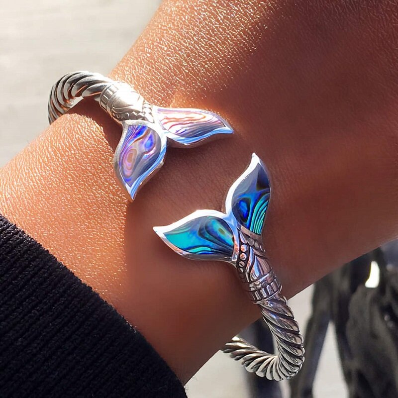 Abalone Shell and Silver Mermaid Tail SS Bangle Bracelet-Jolura