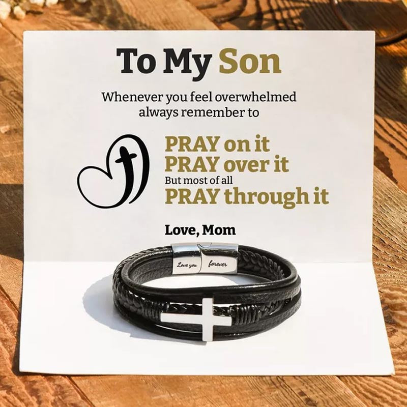 To My Son Pray Through It Leather Cross Bracelet - Card050-Jolura