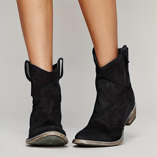 Women's Brown Faux Suede Western Ankle Boots – Vintage-Style Low Heel