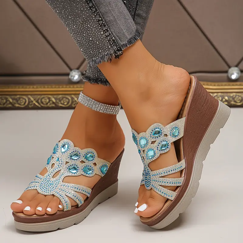 Women s Rhinestone Decor Wedge Sandals Casual Cutout Design details 13