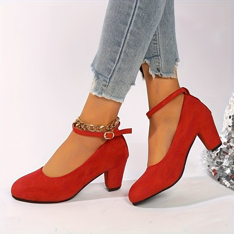 Women'S Red Slip-On High Heels - Round Toe Soft Sole Comfortable Chunky Heel Office & Casual Shoes