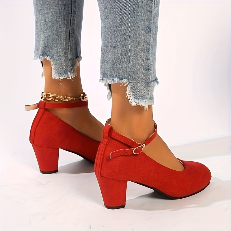 Women'S Red Slip-On High Heels - Round Toe Soft Sole Comfortable Chunky Heel Office & Casual Shoes