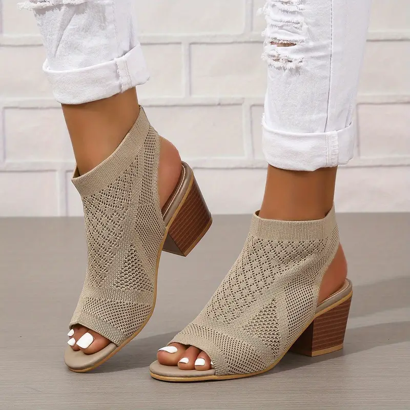 womens chunky heeled sandals knitting peep toe slip on slingback low heels fashion fabric sandals 35 khaki 11