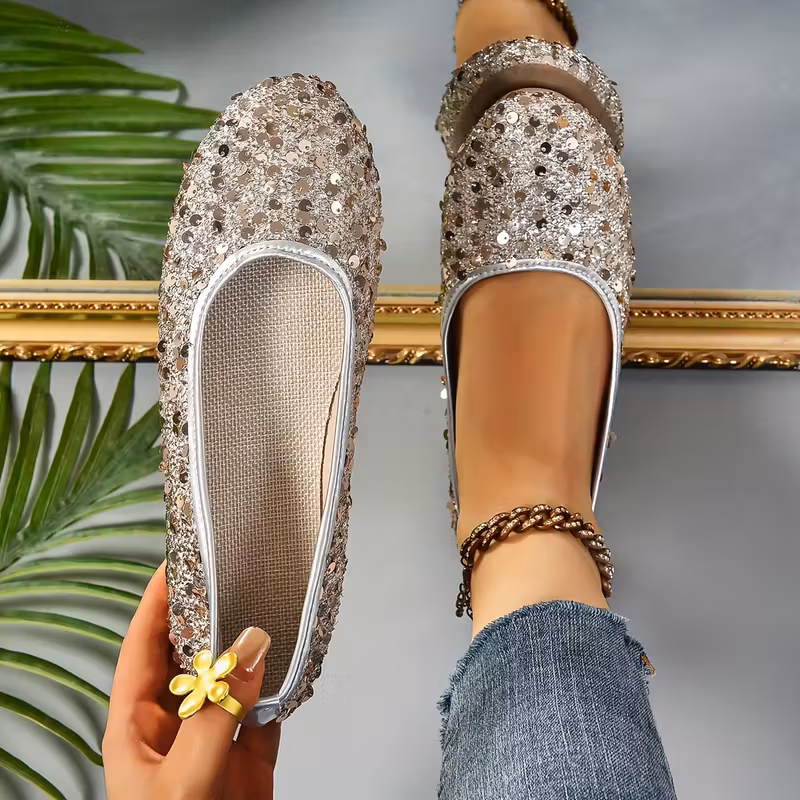 New Women'S Silvery Glitter Stylish Flat Shoes, Women Shoes