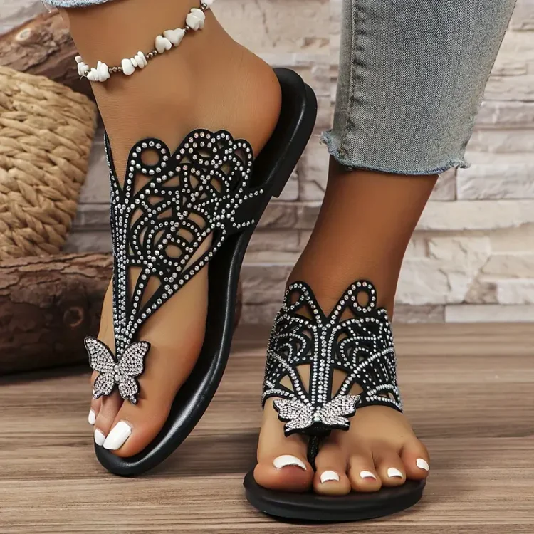 Shimmering Rhinestone Butterfly Slide Sandals