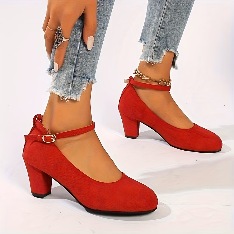 Women'S Red Slip-On High Heels - Round Toe Soft Sole Comfortable Chunky Heel Office & Casual Shoes