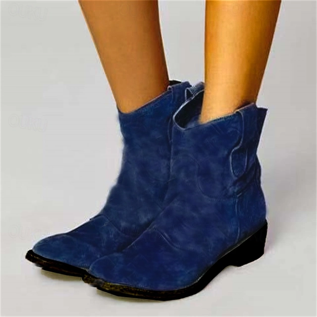 Women's Brown Faux Suede Western Ankle Boots – Vintage-Style Low Heel