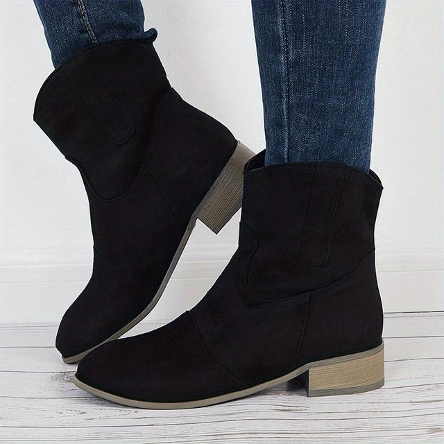 Women's Brown Faux Suede Western Ankle Boots – Vintage-Style Low Heel