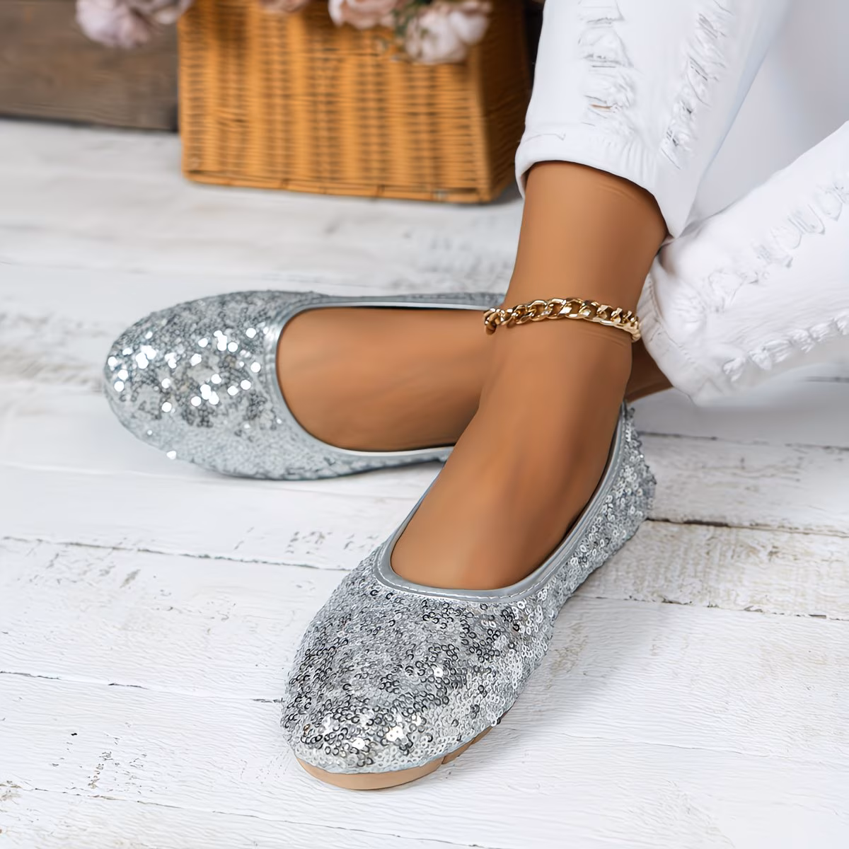 New Women'S Silvery Glitter Stylish Flat Shoes, Women Shoes