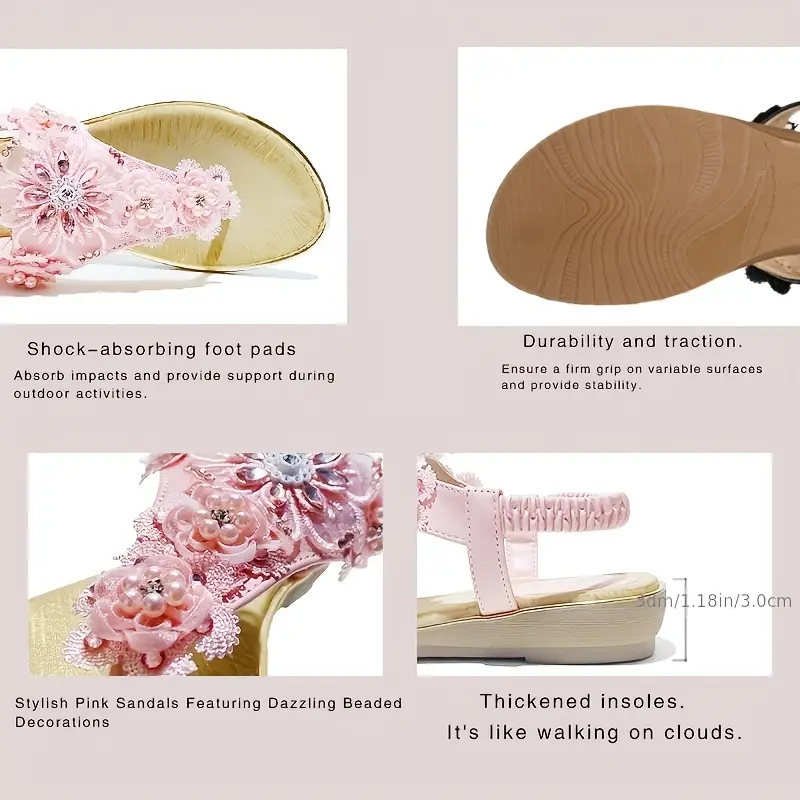 Kobiety Summer Casual Flip Flip Flops Otwarte palce na sandały z błyszczącymi kwiatowymi akcentami Wygodne Mikrofiber Górne sztuczne wewnętrzne płaskie gumowe obuwie modowe 4