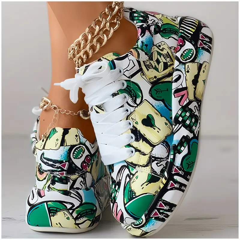 womens graffiti print sports shoes fashion lace up low top platform sneakers casual skate shoes 6