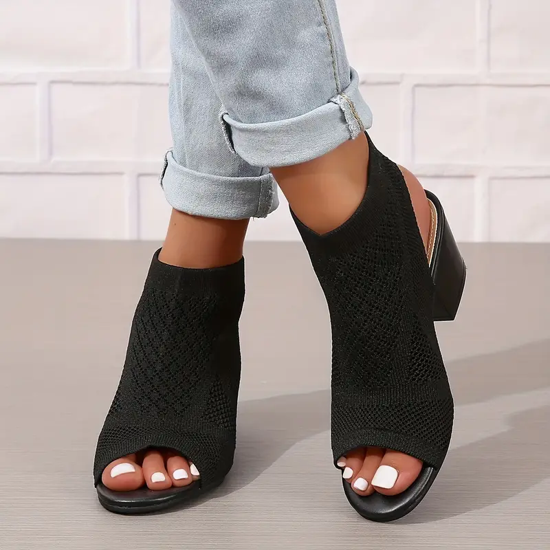 Women s Chunky Heeled Sandals Knitting Peep Toe Slip 6