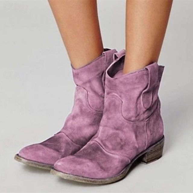 Women's Brown Faux Suede Western Ankle Boots – Vintage-Style Low Heel