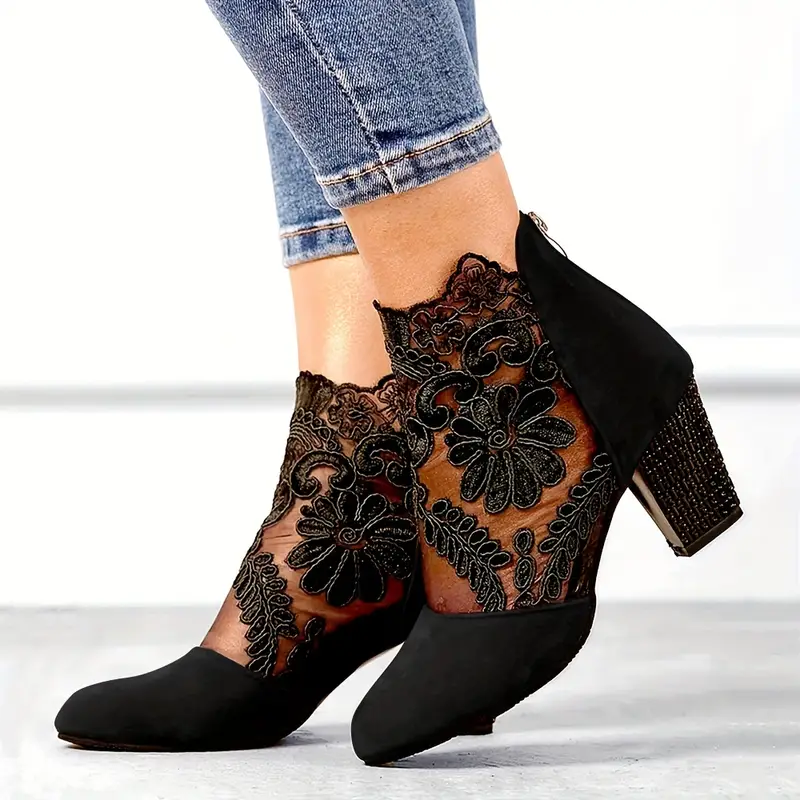 Women s Floral Lace Ankle Boots Fashionable Pointed Toe details 6