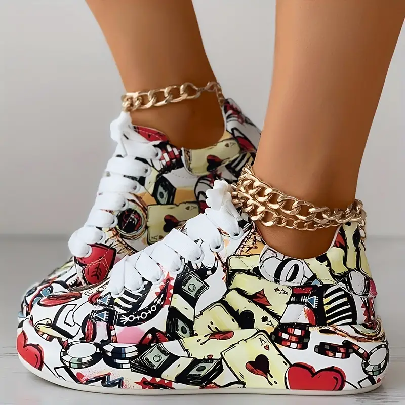 womens graffiti print sports shoes fashion lace up low top platform sneakers casual skate shoes 8