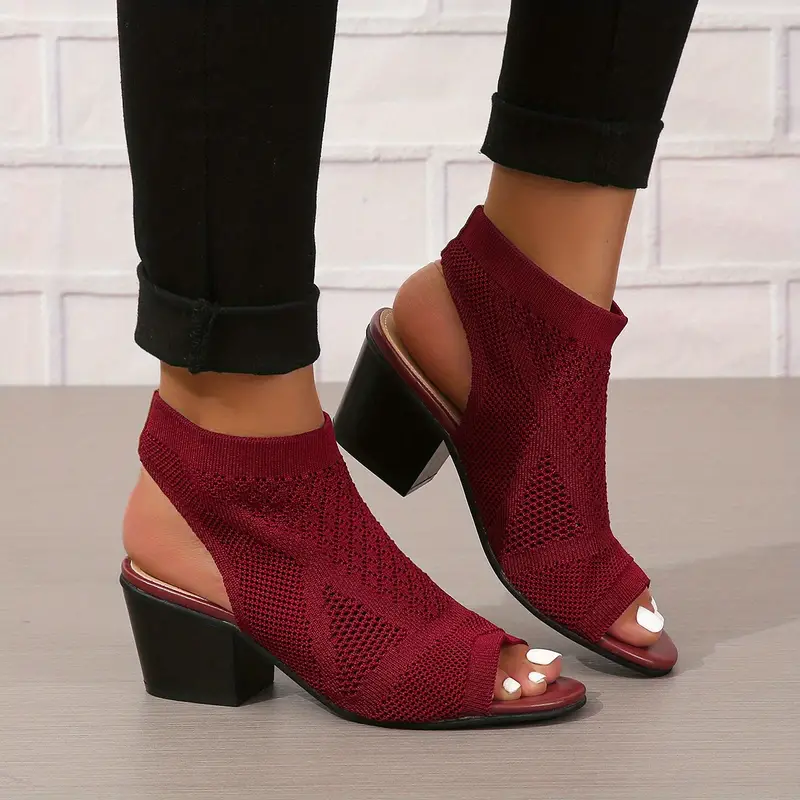 womens chunky heeled sandals knitting peep toe slip on slingback low heels fashion fabric sandals 35 burgundy 10