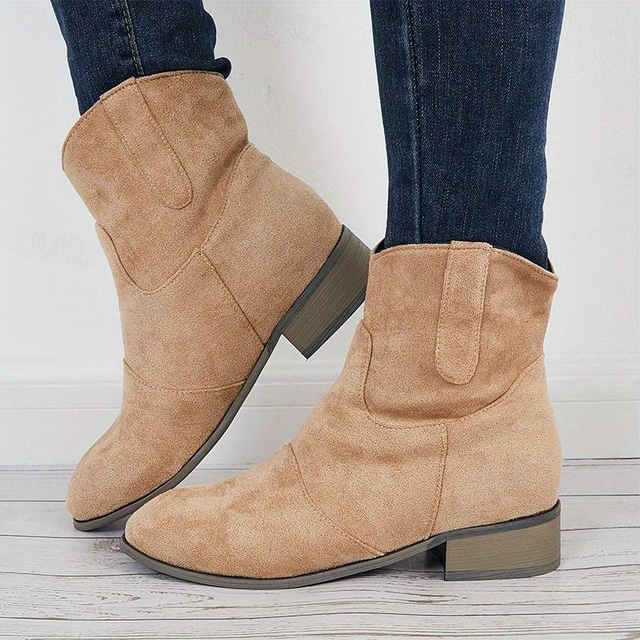 Women's Brown Faux Suede Western Ankle Boots – Vintage-Style Low Heel