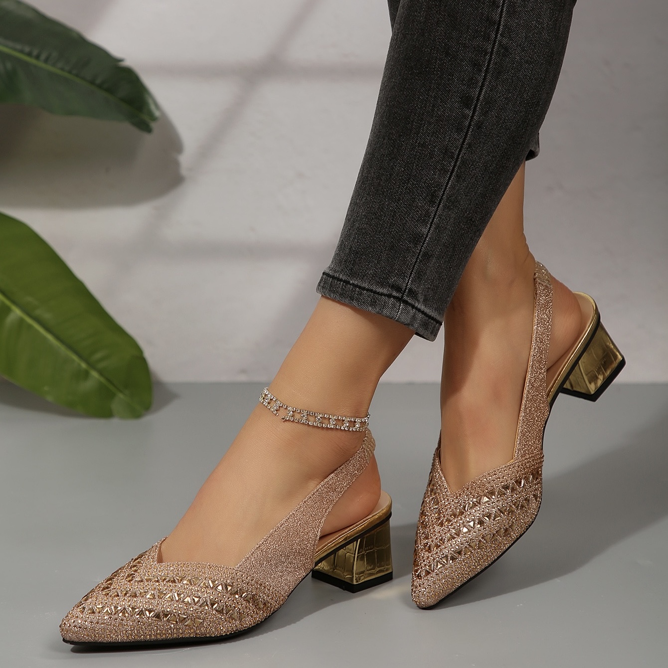 Women'S Elegant Rhinestone Slip On Heel Sandals