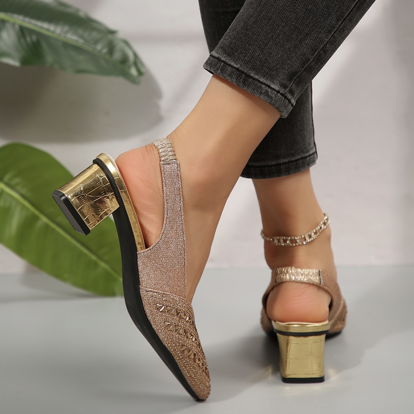 Women'S Elegant Rhinestone Slip On Heel Sandals