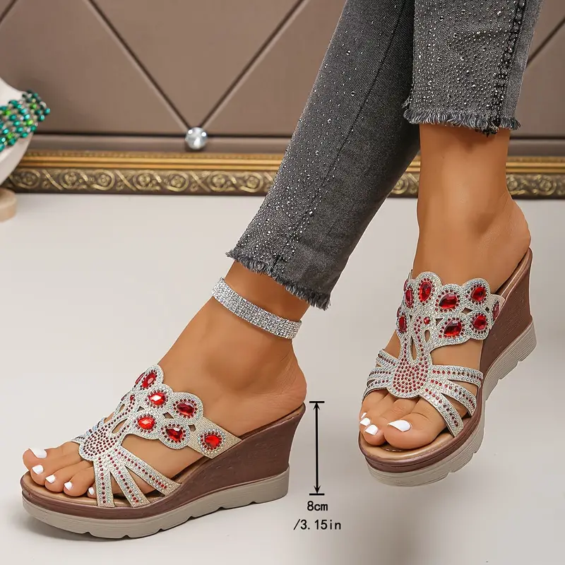 Women s Rhinestone Decor Wedge Sandals Casual Cutout Design details 7