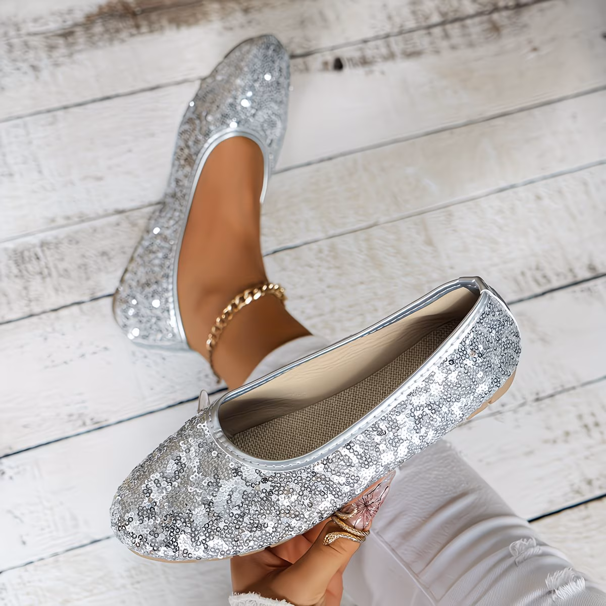 New Women'S Silvery Glitter Stylish Flat Shoes, Women Shoes