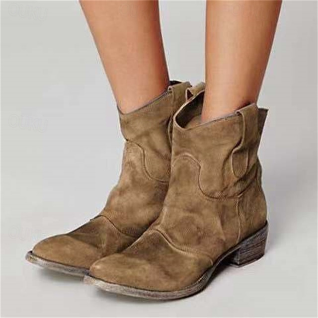 Women's Brown Faux Suede Western Ankle Boots – Vintage-Style Low Heel