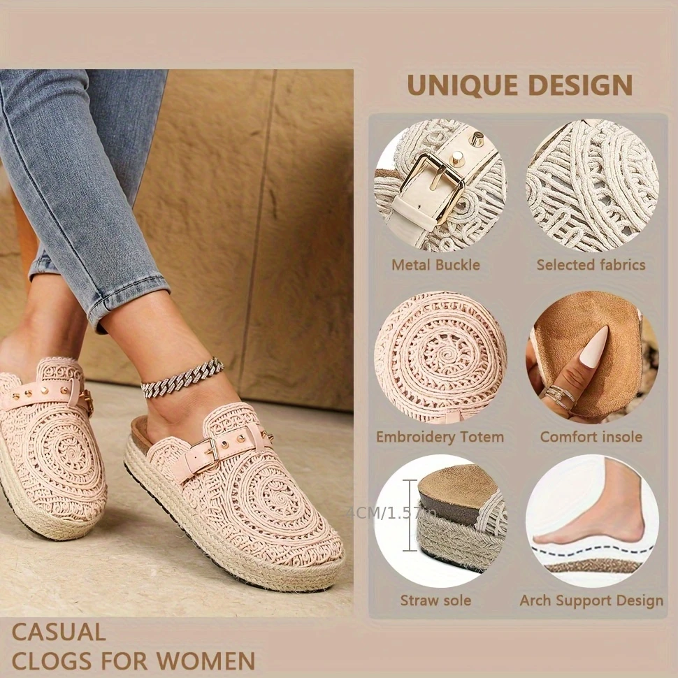 womens     slip on geometric cut out embroidery design thick cushioned rubber sole breathable fabric upper round toe   for beach casual semi formal wear tropical colors beach footwear detailing details 1