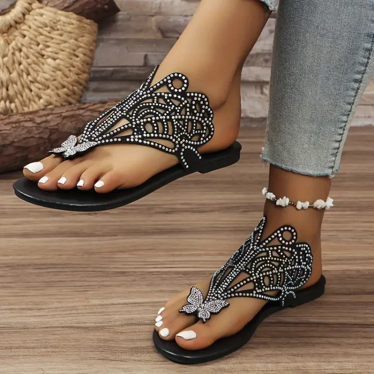 Shimmering Rhinestone Butterfly Slide Sandals