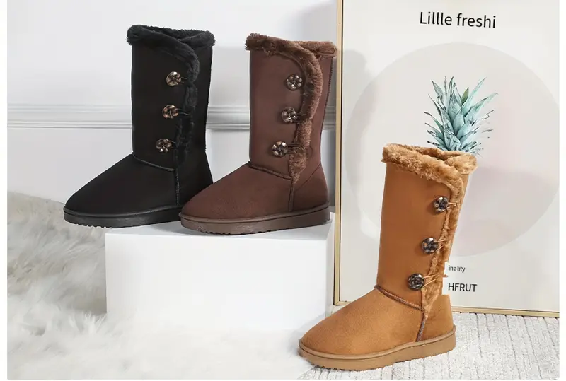 buckle decor plush lined thermal furry snow boots suede wear resistance non slip fall winter keep warm snow shoes western insulated outdoor walking climbing long boots details 4